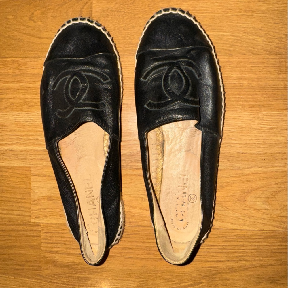 CHANEL Black Leather Espadrilles